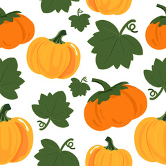 Vector seamless pattern with pumpkins and leaves in a flat style on a white background.
