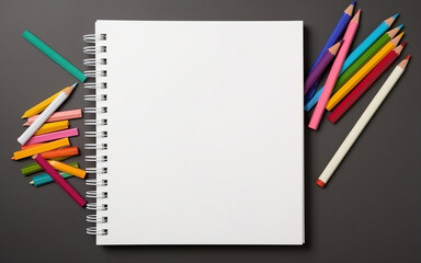 Fototapeta premium Top view of white clip pad with school supplies. AI Generated Images