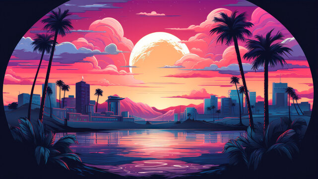 Sunset with palm trees and cityscape on the background. Vector illustration.