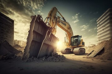 Building site with excavator. Generative AI