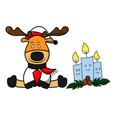 Snow deer with red hat and scarf is siting near the candles lights