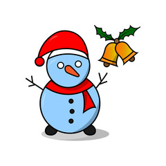 Snow man is wearing red hat and scarf, two bells behind it.