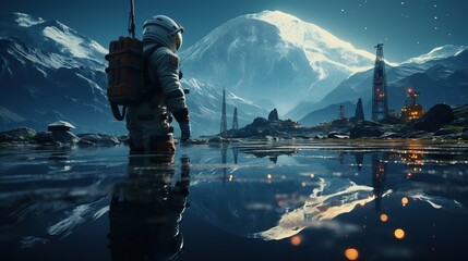 a person in a space suit standing in water with a mountain in the background. Generative AI Art.