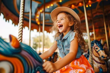 Photo sur Plexiglas Parc dattractions A happy young girl expressing excitement while on a colorful carousel, merry-go-round, having fun at an amusement park