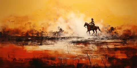 Tuinposter AI Generated. AI Generative. Western cowboy desert horse countryside landscape background. Adventure desert mountain scene ink draw paint sketch on canvas. © Graphic Warrior