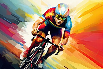 Front view illustration of a male athlete cyclist on a road bike with bright colorful background. - obrazy, fototapety, plakaty