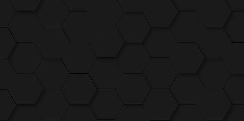 Dark black hexagon backdrop background. Background with black lines 3d Hexagonal structure futuristic black background and Embossed Hexagon , honeycomb black Background ,light and shadow.