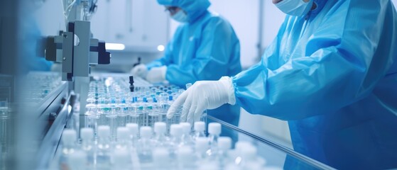 staff check Medical vials on production line at pharmaceutical factory, Pharmaceutical machine working pharmaceutical glass bottles production line, Generative AI