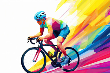 Abstract illustration of a male athlete cyclist on a road bike with a bright multi-colored background.