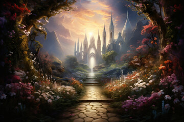 Fototapeta premium Journey to Divine Light: A Serene Pathway through an Enchanting Garden Leading to Heavenly Gates