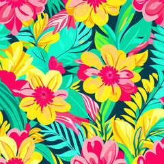 Fototapeta na wymiar Seamless pattern with tropical flowers and leaves. Vector illustration.