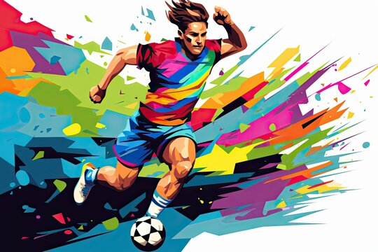 Abstract illustration of a football player with a ball on a bright multicolored background.