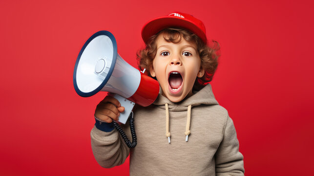Naklejki A child speaks into a loudspeaker isolated on red background.