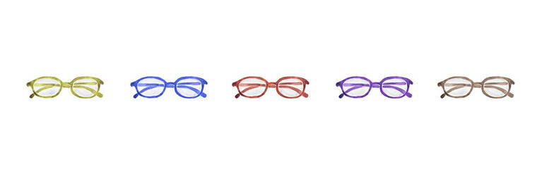 イラスト素材：眼鏡を畳んで複数色違いで並べて置いた状態　茶・赤・紫・緑・青色　手描きの水彩画　
