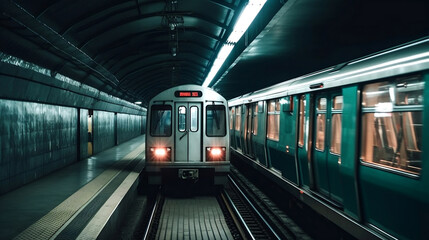 Train in subway station. Tunnel subway. Generative AI.