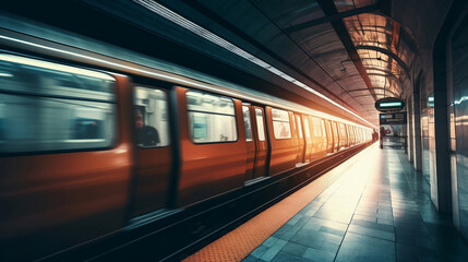 Naklejka premium Train in subway station. Tunnel subway. Generative AI.