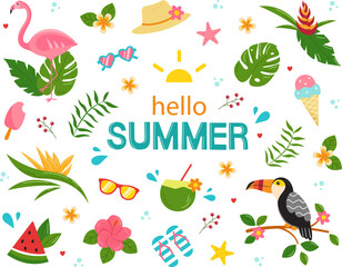 Set of cute summer design elements: flamingo, ice cream, drinks, palm leaves, accessories, fruits and flowers. Collection of bright elements for scrapbooking and beach party. Vector illustration