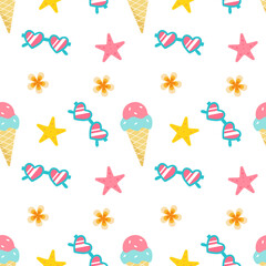 Cute summer seamless pattern with ice cream and sunglasses. Best for textures, wallpapers, packaging, scrapbooking. Vector illustration