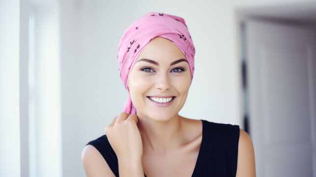 Young woman battling cancer and wearing a headscarf.