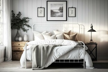 Comfortable steel bed with fluffy white linens in a cozy bedroom. Promoting a peaceful sleep at home. Generative AI
