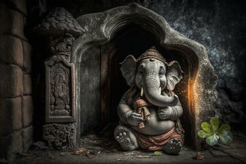 Hindu deity Ganesh in rustic stone house. Generative AI