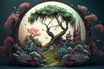Illustrated fairytale garden with bonsai trees, enchanted forest and digital painted background. 3D artwork. Generative AI