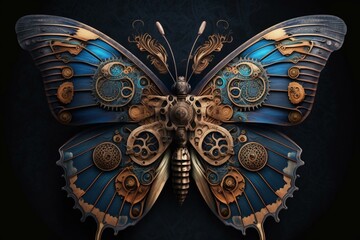 A butterfly with a steampunk aesthetic on a dark blue backdrop. Generative AI