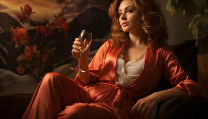 woman in a red dress drinking a glass of wine