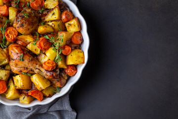 Baked chicken thighs and fried potatoes look delicious.