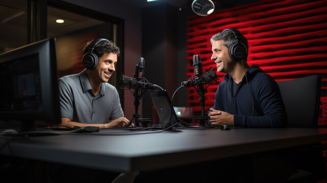 Man records a podcast with a guest in her office.