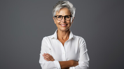 Successful businesswoman with crossed arms stands on a gray background.