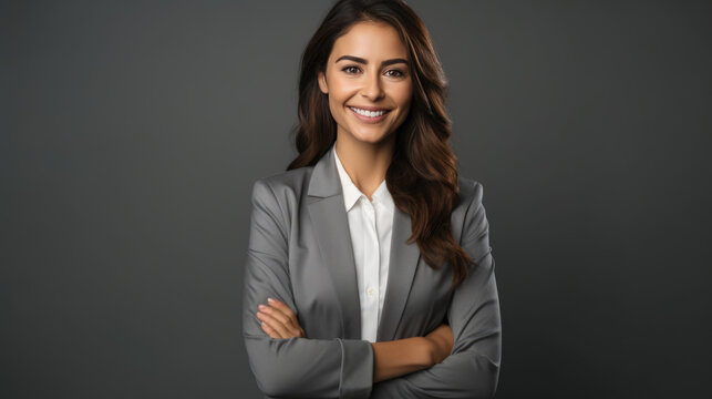 Successful businesswoman with crossed arms stands on a gray background.