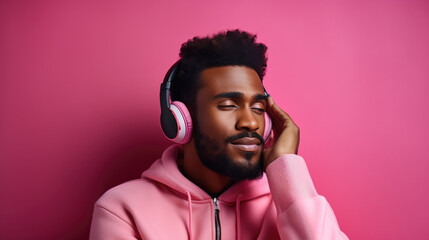 Obraz premium Young man wearing headphones on a pink background listening to his favorite music.