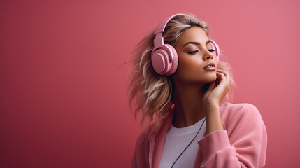 Young woman wearing headphones on a pink background listening to her favorite music.