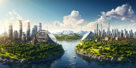 Fototapeta premium Modern ecological city Green city concept. Green forest and modern skyscrapers buildings. Generative AI