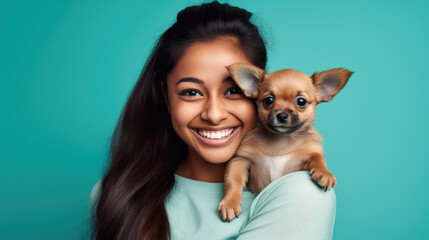 Young girl holds a dog puppy in her arms.