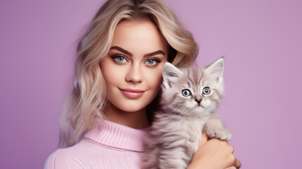 Woman holds a kitten in her arms on purple background.