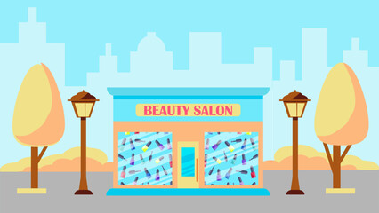 Illustration of the autumn street with  a beauty salon. Exterior facade of the store building in the autumn city. Beauty shop. Vector illustration in flat cartoon style.