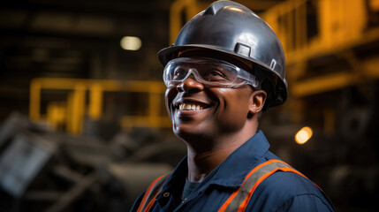 Factory worker wearing a safety helmet in the background of a production line.
