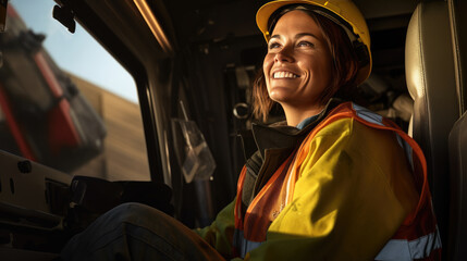 Happy smiling female truck driver.