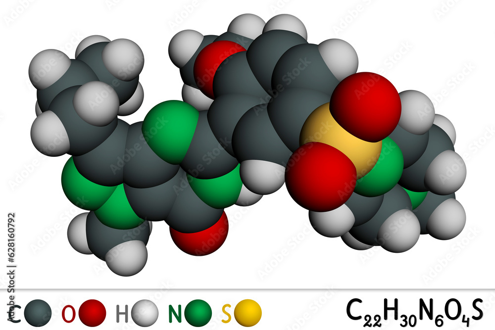 Wall mural Sildenafil molecule. It is drug for the treatment of erectile dysfunction. Molecular model. 3D rendering