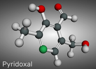Pyridoxal molecule. It is form of vitamin B6. Molecular model. 3D rendering