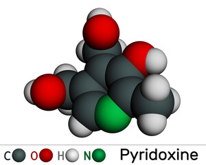 Pyridoxine molecule. It is form of vitamin B6. Molecular model. 3D rendering.