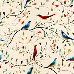 Fototapeta premium Vines and tiny colorful art birds pattern. light background. 