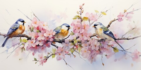 AI Generated. AI Generative. Romantic beautiful bird sitting on branch tree. Oil paint draw watercolor nature background. Graphic Art