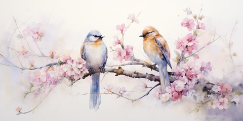 AI Generated. AI Generative. Romantic beautiful bird sitting on branch tree. Oil paint draw watercolor nature background. Soft warm colors