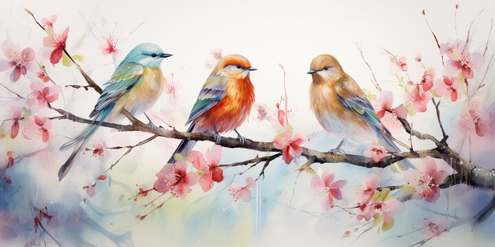 AI Generated. AI Generative. Romantic beautiful bird sitting on branch tree. Oil paint draw watercolor nature background. Graphic Art