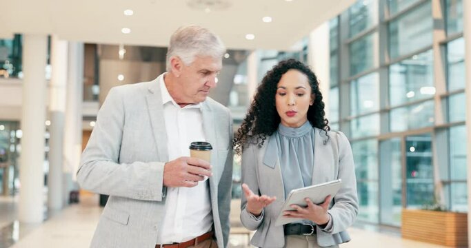 Tablet, walking professional people and manager collaboration on planning, partnership or research. CEO, executive leader or team consulting on target audience review, feedback or customer experience