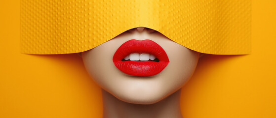 Obraz premium Close up of half face of an woman with red lips with her eyes covered on yellow background