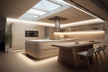 Fototapeta na wymiar Hi-Tech kitchen: showcasing the seamless blend of modern technology and wood material. Soft natural lighting floods the space, enhancing the clean and uncluttered design.